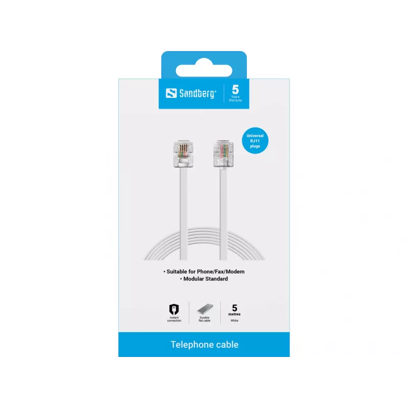 Sandberg Telephone RJ11-RJ11 5 m, 5 m, RJ11, RJ11, vīriešu, vīriešu, balta