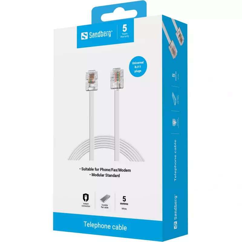 Sandberg Telephone RJ11-RJ11 5 m, 5 m, RJ11, RJ11, vīriešu, vīriešu, balta