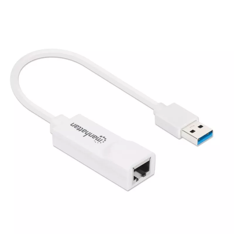 Manhattan USB-A gigabitu tīkla adapteris, balts, 10/100/1000 Mbps tīkls, USB 3.0, Ethernet, RJ45, trīs gadu garantija, ekvivalents USB31000SW.