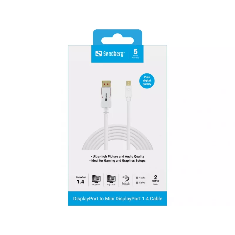 Sandberg DP-MiniDP 1.4 8K60Hz 2m, 2 m, DisplayPort, Mini DisplayPort, vīrišķais, vīrišķais, 7680 x 4320 pikseļi