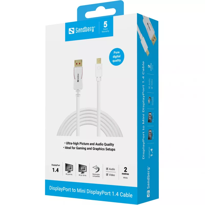 Sandberg DP-MiniDP 1.4 8K60Hz 2m, 2 m, DisplayPort, Mini DisplayPort, vīrišķais, vīrišķais, 7680 x 4320 pikseļi