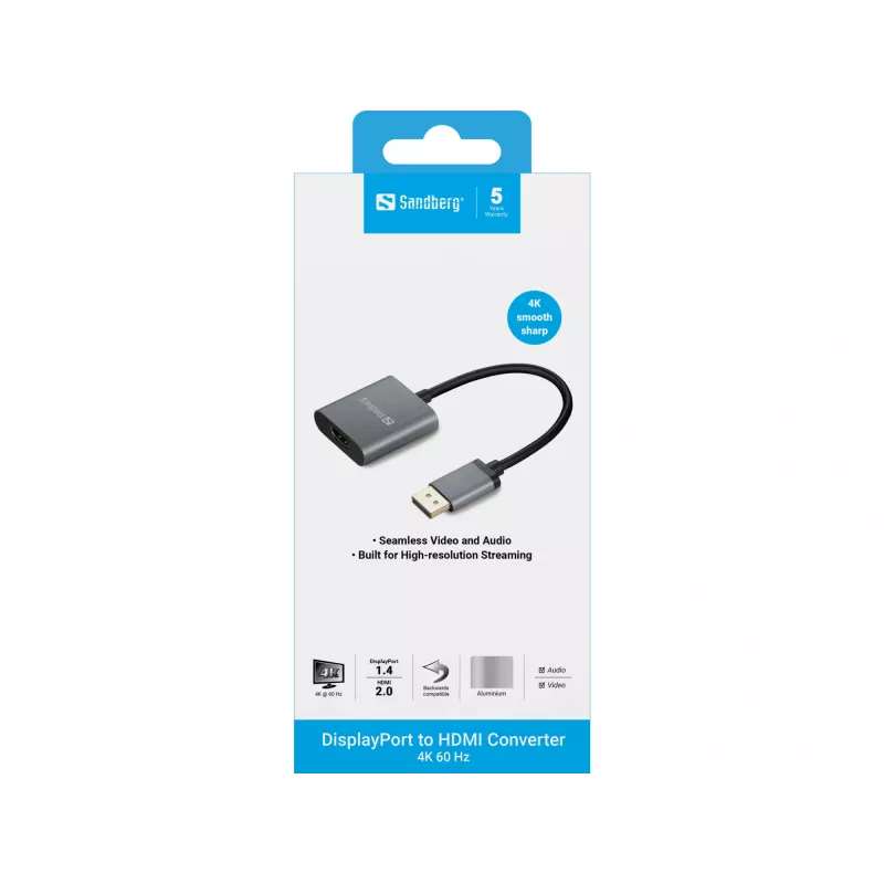 Sandberg DisplayPort 1.4 uz HDMI 2.0 4K adapteris, DisplayPort, HDMI A tipa (standarta), vīrišķais, sievišķais, 3840 x 2160 pikseļi, 6 Gbit/s