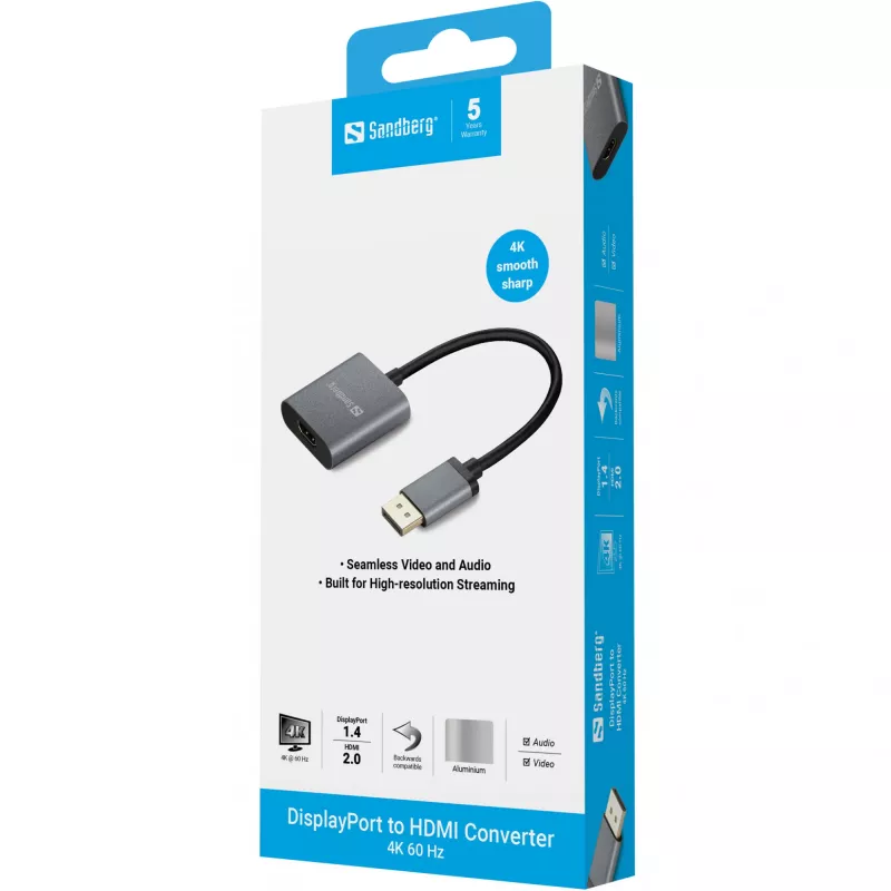 Sandberg DisplayPort 1.4 uz HDMI 2.0 4K adapteris, DisplayPort, HDMI A tipa (standarta), vīrišķais, sievišķais, 3840 x 2160 pikseļi, 6 Gbit/s