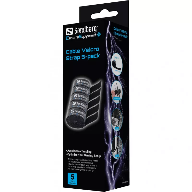 Sandberg kabeļu Velcro siksnu komplekts 5 gab., Āķa un cilpas kabeļu saite, Melna, 1000 mm, 73 g, 50 mm, 50 mm