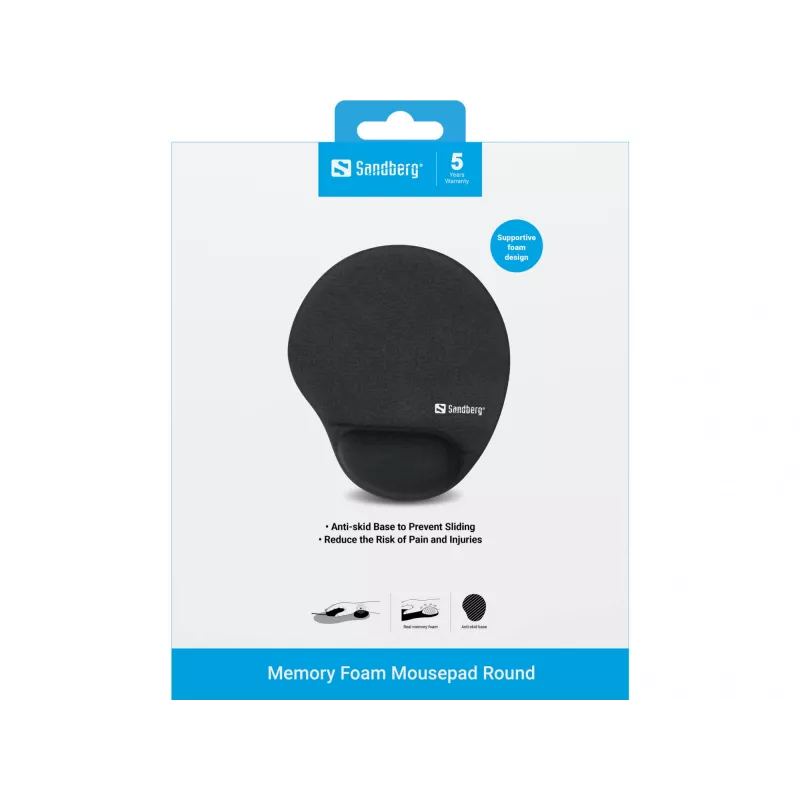 Sandberg Memory Foam pelepad Round, melna, vienkrāsaina, atmiņu putas, plaukstas balsts, neslīdoša pamatne