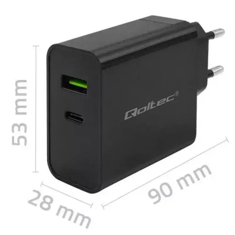 Lādētājs Qoltec 52378 Iekštelpu AC ātrā uzlāde 3A USB Type-C Melns