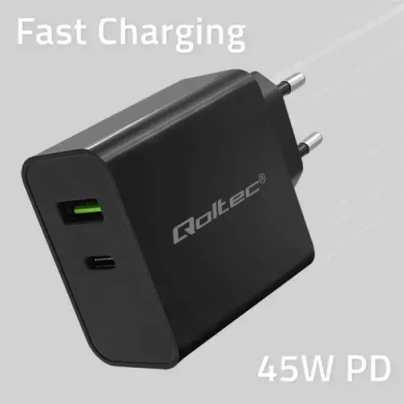 Lādētājs Qoltec 52378 Iekštelpu AC ātrā uzlāde 3A USB Type-C Melns