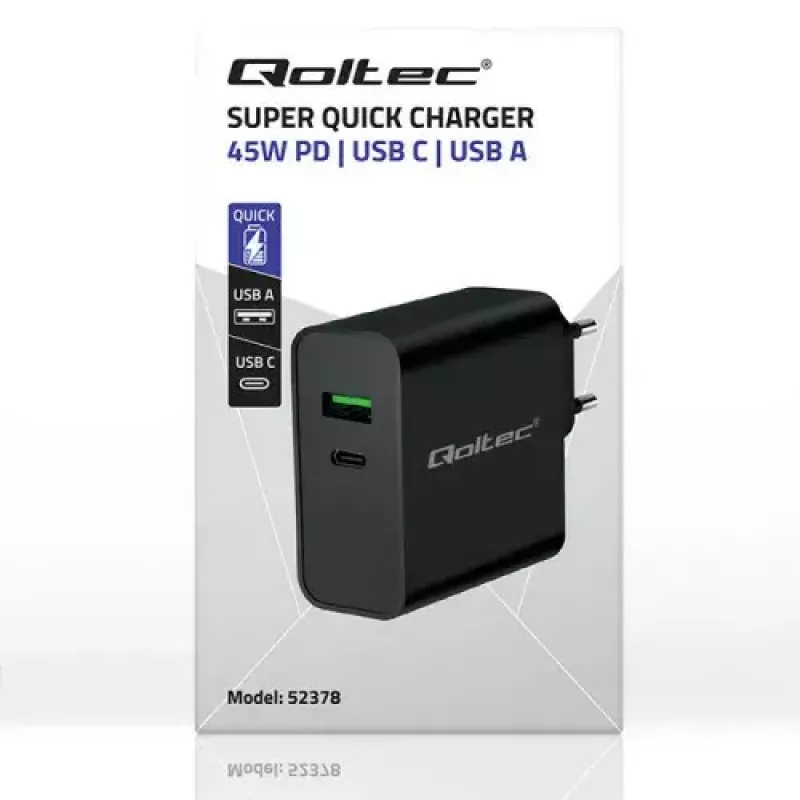 Lādētājs Qoltec 52378 Iekštelpu AC ātrā uzlāde 3A USB Type-C Melns