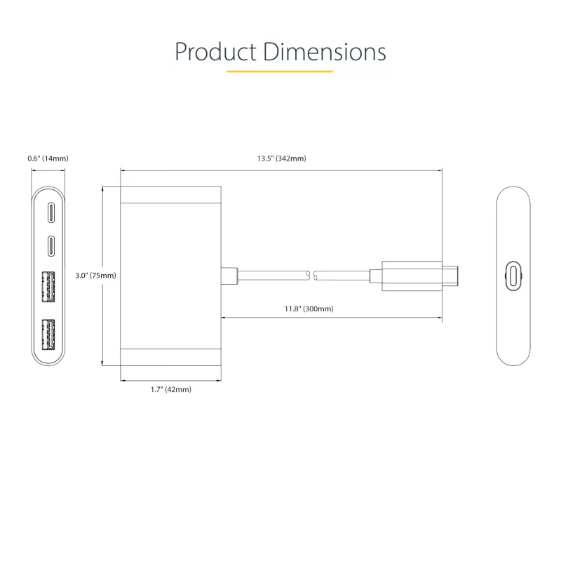 StarTech.com 4 portu USB-C centrmezgls ar 100 W jaudas padeves caurlaidi — 2x USB-A + 2x USB-C — USB 3.0 5 Gbps — 1 pēdu (30 cm) garš kabelis — pārnēsājams USB Type-C uz USB-A/C centrmezgls
