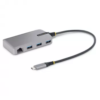 StarTech.com 3-portu USB-C centrmezgls ar Ethernet - 3x USB-A porti, Gigabit Ethernet RJ45, USB 3.0 5Gbps, kopnes barošana, 1 pēdu/30cm garš kabelis - pārnēsājams klēpjdatora USB Type-C centrmezgla adapteris ar GbE