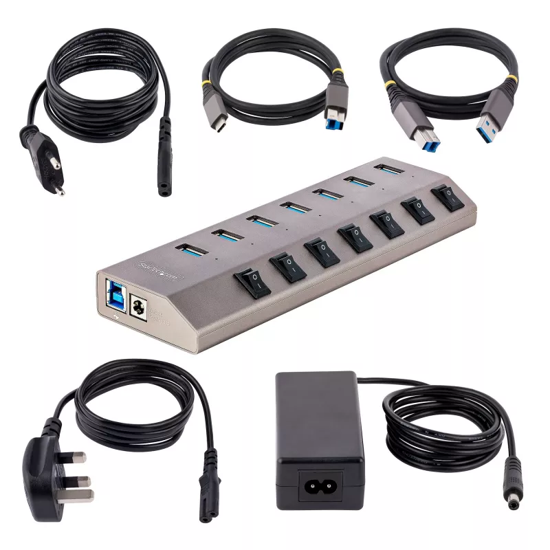 StarTech.com 7 portu pašbarojošs USB-C centrmezgls ar individuāliem ieslēgšanas/izslēgšanas slēdžiem, USB 3.0 5 Gbps paplašināšanas centrmezgls ar barošanas bloku, galddatoru/klēpjdatoru USB-C uz USB-A centrmezgls, USB Type-C centrmezgls ar BC 1.2