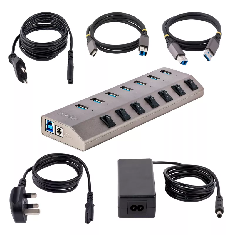 StarTech.com 7 portu pašbarojošs USB-C centrmezgls ar individuāliem ieslēgšanas/izslēgšanas slēdžiem, USB 3.0 5 Gbps paplašināšanas centrmezgls ar barošanas bloku, galddatoru/klēpjdatoru USB-C uz USB-A centrmezgls, USB Type-C centrmezgls ar BC 1.2
