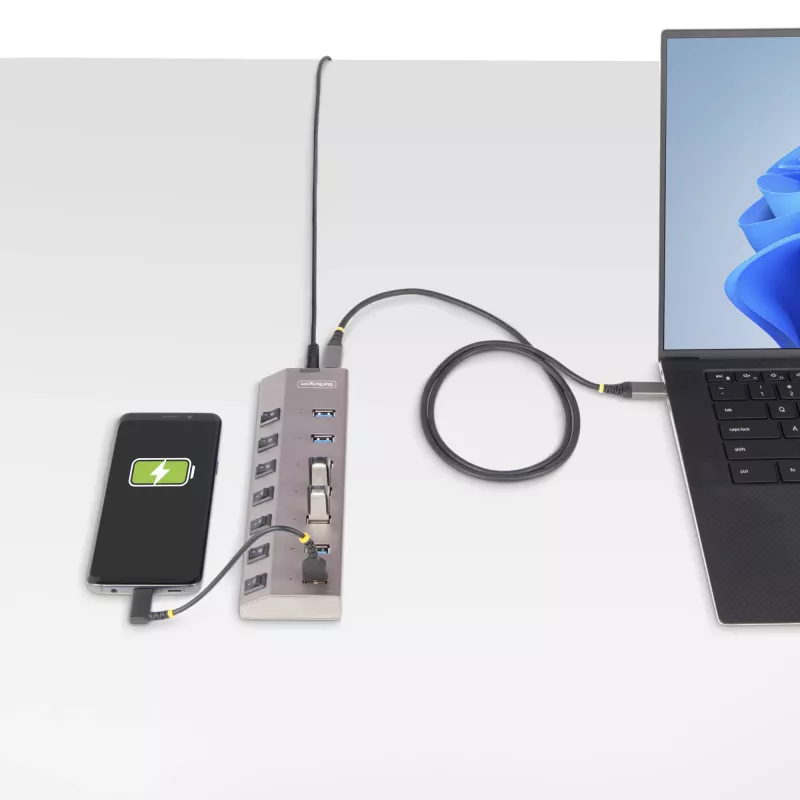 StarTech.com 7 portu pašbarojošs USB-C centrmezgls ar individuāliem ieslēgšanas/izslēgšanas slēdžiem, USB 3.0 5 Gbps paplašināšanas centrmezgls ar barošanas bloku, galddatoru/klēpjdatoru USB-C uz USB-A centrmezgls, USB Type-C centrmezgls ar BC 1.2