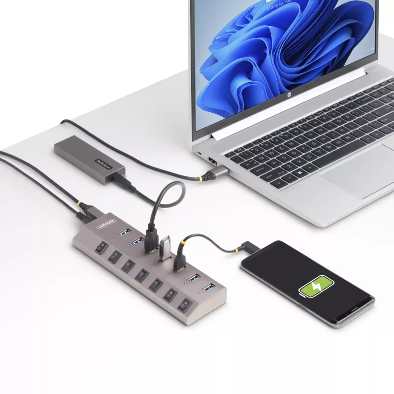 StarTech.com 7 portu pašbarojošs USB-C centrmezgls ar individuāliem ieslēgšanas/izslēgšanas slēdžiem, USB 3.0 5 Gbps paplašināšanas centrmezgls ar barošanas bloku, galddatoru/klēpjdatoru USB-C uz USB-A centrmezgls, USB Type-C centrmezgls ar BC 1.2