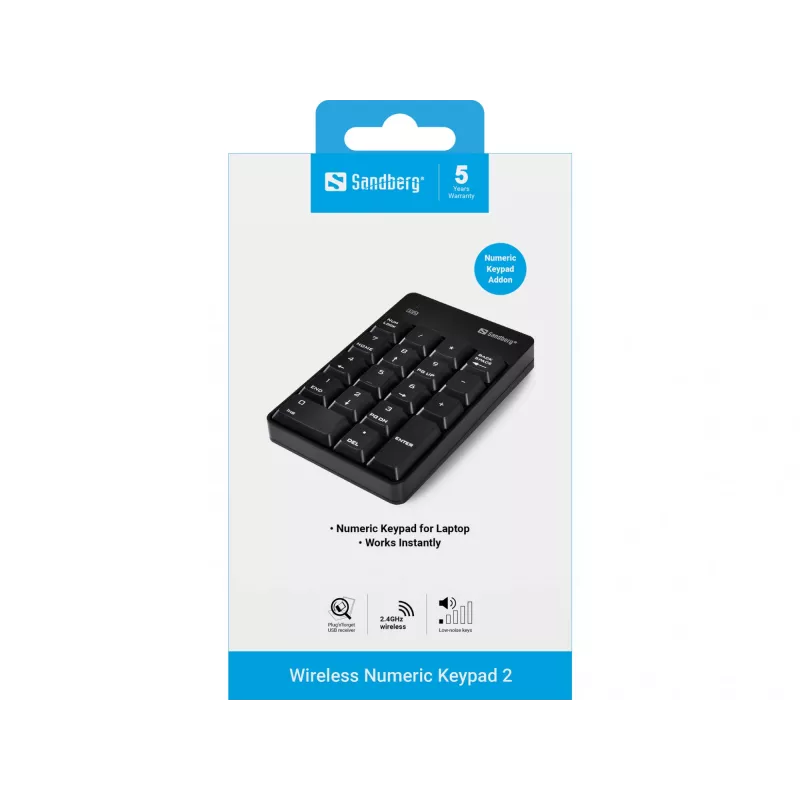 Sandberg bezvadu ciparu tastatūra 2, RF bezvadu, 18, klēpjdators/dators, melna