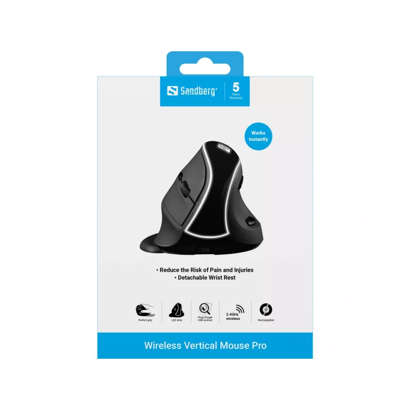 Sandberg Wireless Vertical pele Pro, labā roka, vertikāls dizains, optiska, RF bezvadu, 1600 DPI, melns