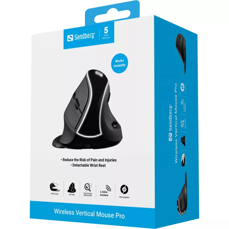Sandberg Wireless Vertical pele Pro, labā roka, vertikāls dizains, optiska, RF bezvadu, 1600 DPI, melns