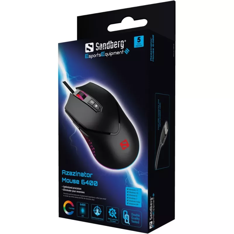 Sandberg Azazinator pele 6400, labās rokas, USB Type-A, 6400 DPI, melna