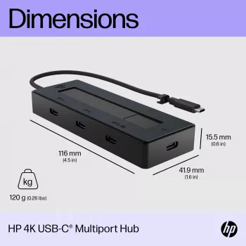 HP 4K USB-C Multiport Hub, USB Type-C, USB 3.2 Gen 2 (3.1 Gen 2) Type-C, 10000 Mbit/s, melns, 4K Ultra HD, Ķīna