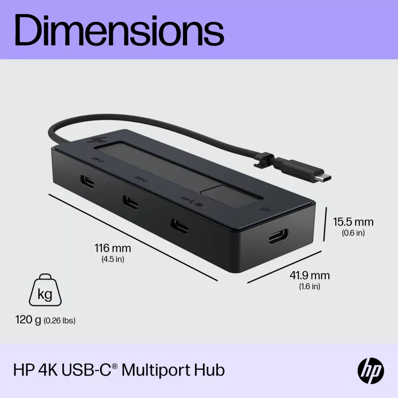 HP 4K USB-C Multiport Hub, USB Type-C, USB 3.2 Gen 2 (3.1 Gen 2) Type-C, 10000 Mbit/s, melns, 4K Ultra HD, Ķīna