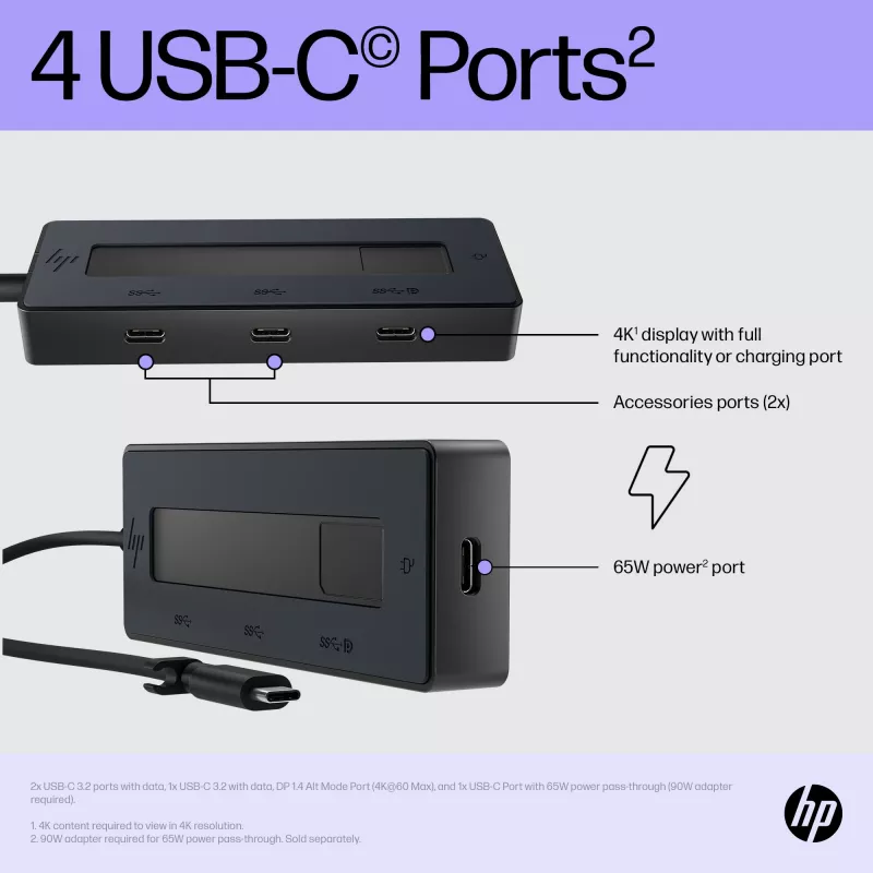 HP 4K USB-C Multiport Hub, USB Type-C, USB 3.2 Gen 2 (3.1 Gen 2) Type-C, 10000 Mbit/s, melns, 4K Ultra HD, Ķīna