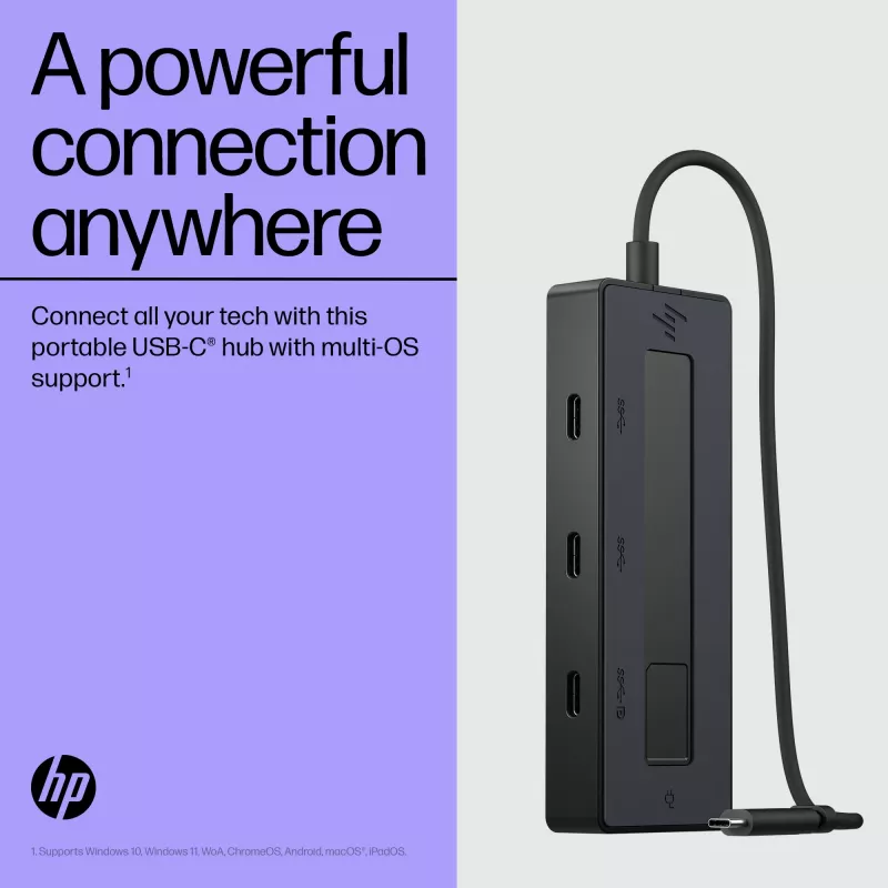 HP 4K USB-C Multiport Hub, USB Type-C, USB 3.2 Gen 2 (3.1 Gen 2) Type-C, 10000 Mbit/s, melns, 4K Ultra HD, Ķīna