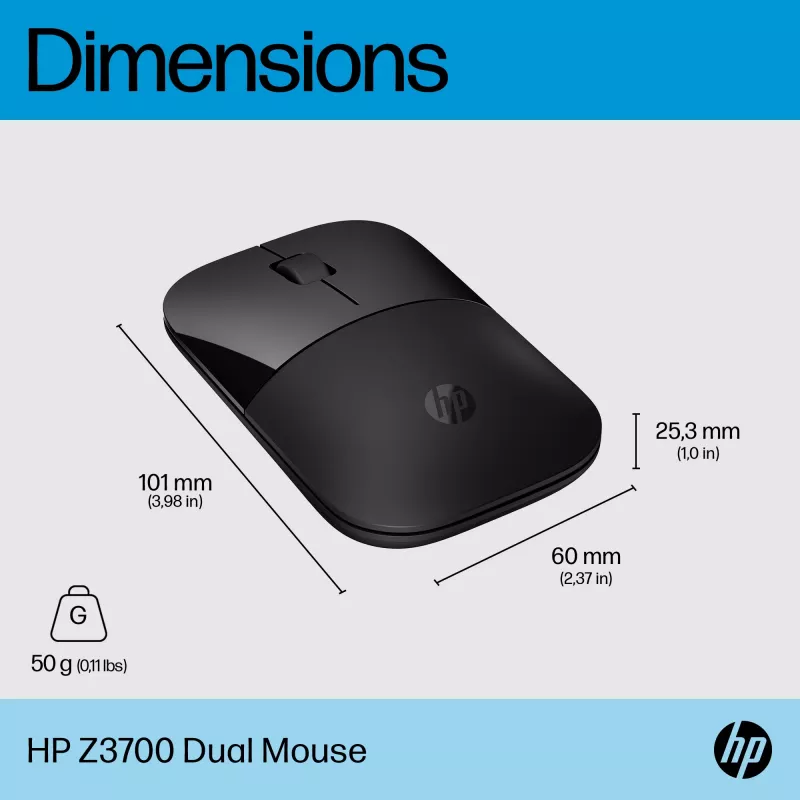 HP Z3700 Dual Melns pele, piemērota abām rokām, RF bezvads, 1600 DPI, melna