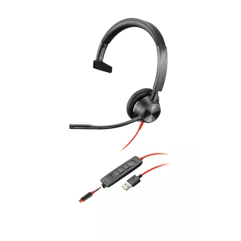 HP Poly Poly Blackwire 3315 USB-A austiņas, vadu, 20–20000 Hz, birojs/zvanu centrs, 102 g, austiņas, melna, sarkana