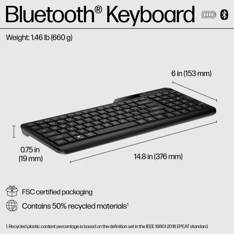 HP 460 Multi-Device Bluetooth tastatūra, pilna izmēra (100%), bezvadu, Bluetooth, mehāniska, melna