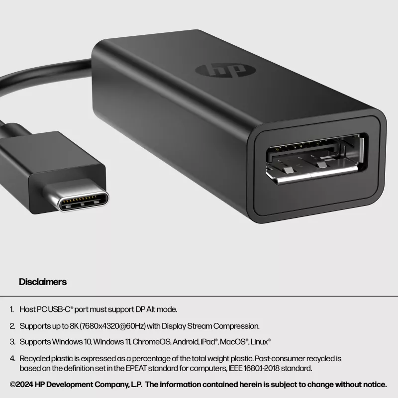 HP USB-C–DisplayPort adapteris G2, 0,12 m, DisplayPort, USB Type-C, sieviešu, vīriešu, 7680 x 4320 pikseļi