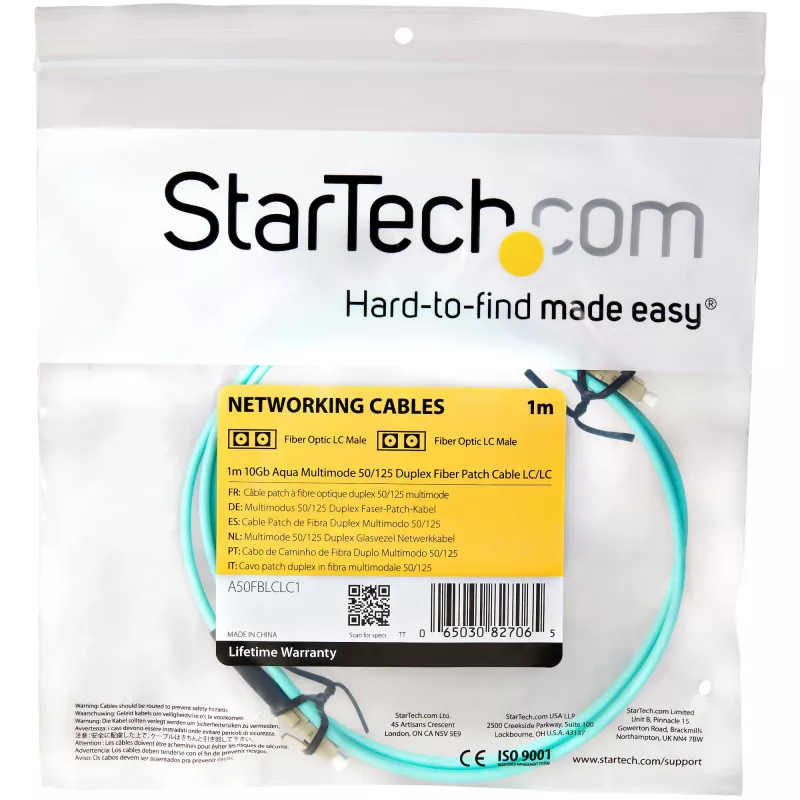 StarTech.com 1m (3 pēdas) LC/UPC uz LC/UPC OM3 daudzmodu optiskās šķiedras kabelis, pilna dupleksa 50/125 µm rāvējslēdzēja tipa optiskās šķiedras kabelis, 100G, zemi ievades zudumi, LSZH optiskās šķiedras džempera vads