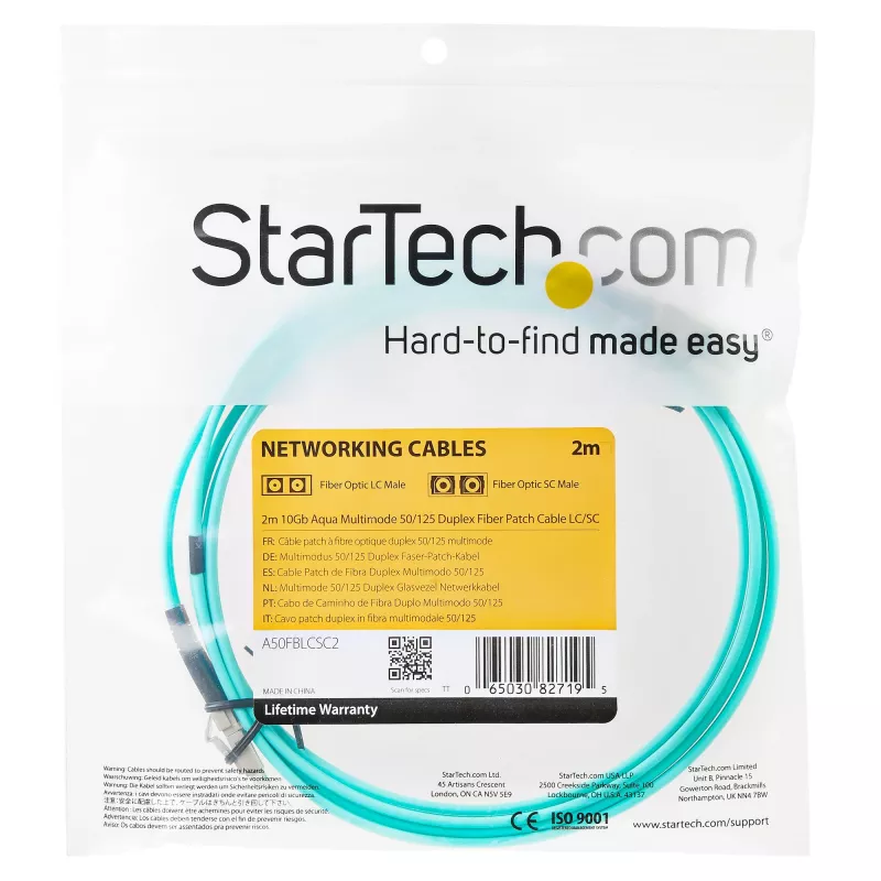 StarTech.com 2m (6 pēdas) LC/UPC uz LC/UPC OM3 daudzmodu optiskās šķiedras kabelis, pilna dupleksa 50/125µm Zipcord šķiedras kabelis, 100G, zemi ievietošanas zudumi, LSZH šķiedras džempera vads