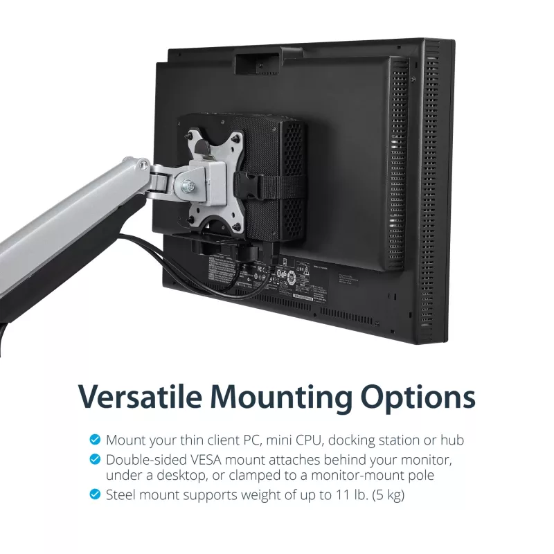 StarTech.com Thin Client Mount - VESA stiprinājuma kronšteins, monitora statīvā montējams CPU turētājs, mazo galddatoru, 5 kg, 75 x 75, 100 x 100 mm, melns, plastmasa, tērauds