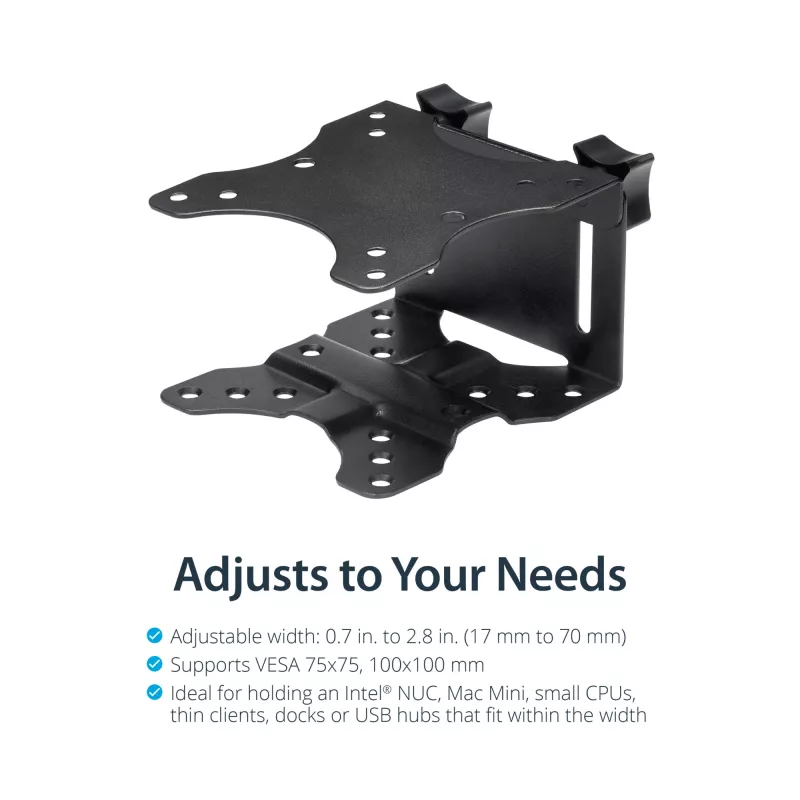 StarTech.com Thin Client Mount - VESA stiprinājuma kronšteins, monitora statīvā montējams CPU turētājs, mazo galddatoru, 5 kg, 75 x 75, 100 x 100 mm, melns, plastmasa, tērauds