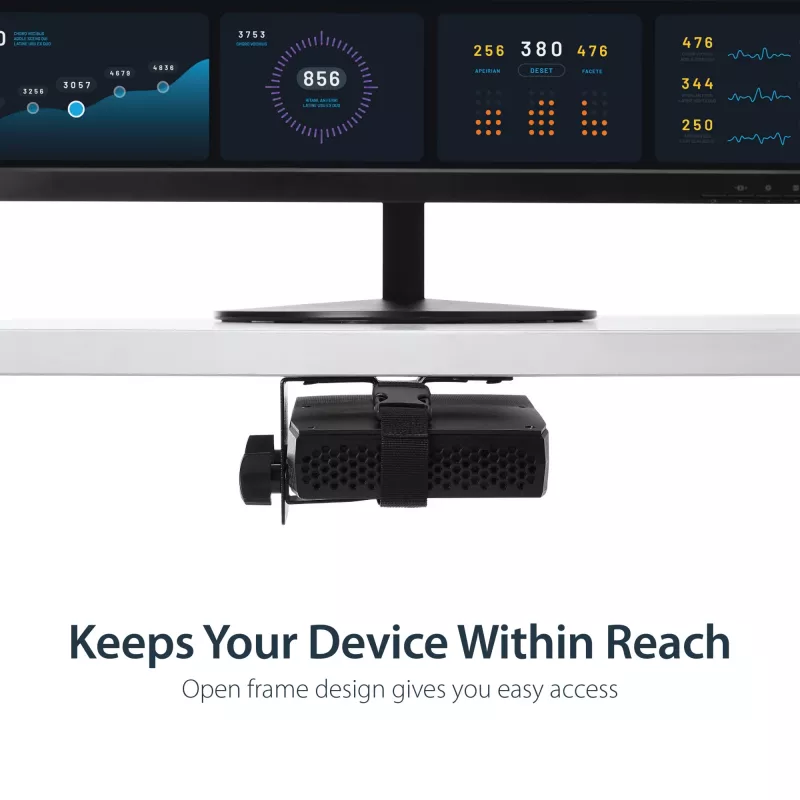 StarTech.com Thin Client Mount - VESA stiprinājuma kronšteins, monitora statīvā montējams CPU turētājs, mazo galddatoru, 5 kg, 75 x 75, 100 x 100 mm, melns, plastmasa, tērauds