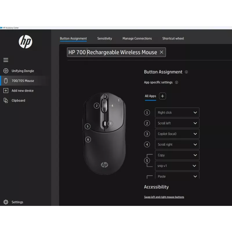 HP 700 uzlādējama bezvadu pele, piemērota abām rokām, RF bezvadu + Bluetooth, 6000 DPI, melna
