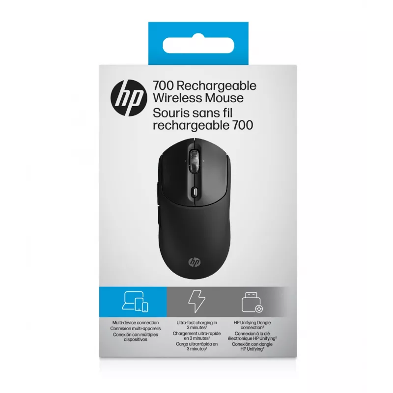 HP 700 uzlādējama bezvadu pele, piemērota abām rokām, RF bezvadu + Bluetooth, 6000 DPI, melna