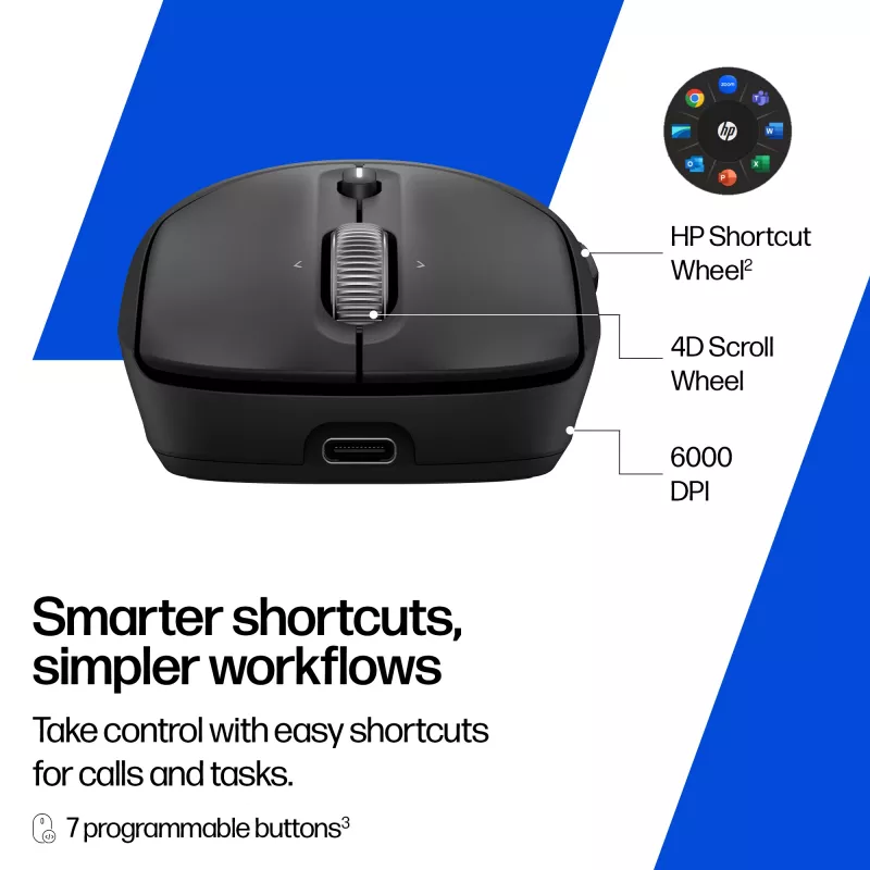 HP 700 uzlādējama bezvadu pele, piemērota abām rokām, RF bezvadu + Bluetooth, 6000 DPI, melna