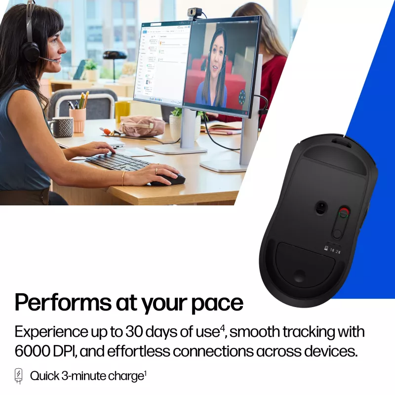 HP 700 uzlādējama bezvadu pele, piemērota abām rokām, RF bezvadu + Bluetooth, 6000 DPI, melna