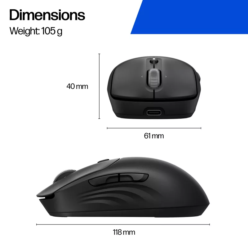 HP 700 uzlādējama bezvadu pele, piemērota abām rokām, RF bezvadu + Bluetooth, 6000 DPI, melna