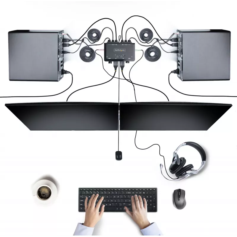 StarTech.com 2 portu divu monitoru DisplayPort kabeļa KVM slēdzis, 4K 60Hz, kompakts KVM ar 1,5 m USB-A/DisplayPort/audio integrētiem kabeļiem, barošana no kopnes - attālināta spiedpoga/karsto taustiņu pārslēgšana
