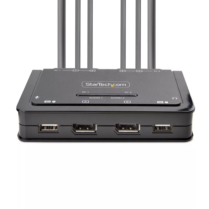StarTech.com 2 portu divu monitoru DisplayPort kabeļa KVM slēdzis, 4K 60Hz, kompakts KVM ar 1,5 m USB-A/DisplayPort/audio integrētiem kabeļiem, barošana no kopnes - attālināta spiedpoga/karsto taustiņu pārslēgšana