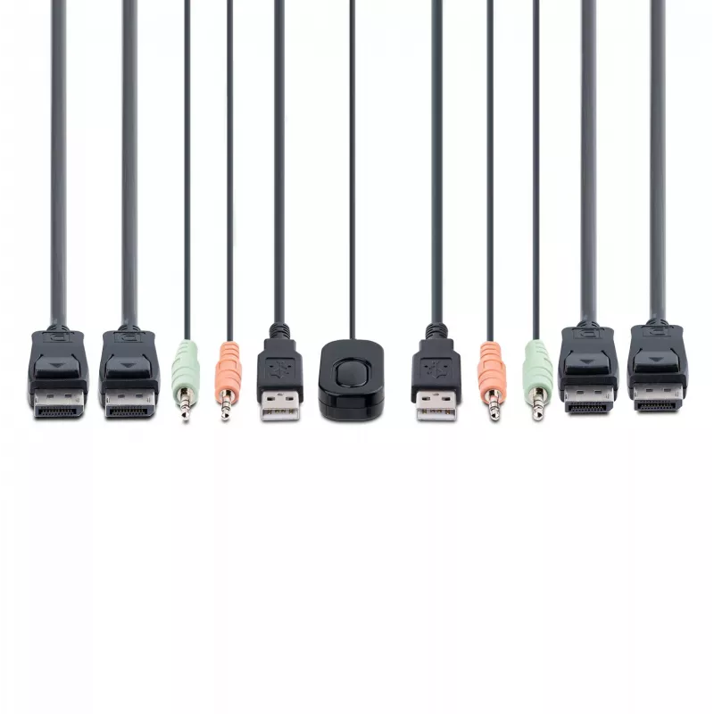 StarTech.com 2 portu divu monitoru DisplayPort kabeļa KVM slēdzis, 4K 60Hz, kompakts KVM ar 1,5 m USB-A/DisplayPort/audio integrētiem kabeļiem, barošana no kopnes - attālināta spiedpoga/karsto taustiņu pārslēgšana