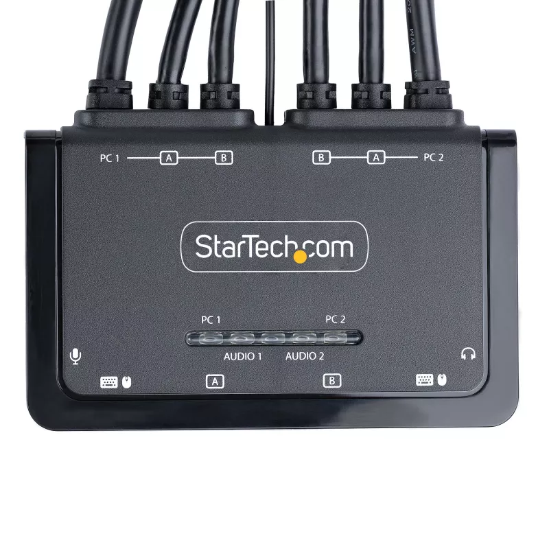 StarTech.com 2 portu divu monitoru DisplayPort kabeļa KVM slēdzis, 4K 60Hz, kompakts KVM ar 1,5 m USB-A/DisplayPort/audio integrētiem kabeļiem, barošana no kopnes - attālināta spiedpoga/karsto taustiņu pārslēgšana