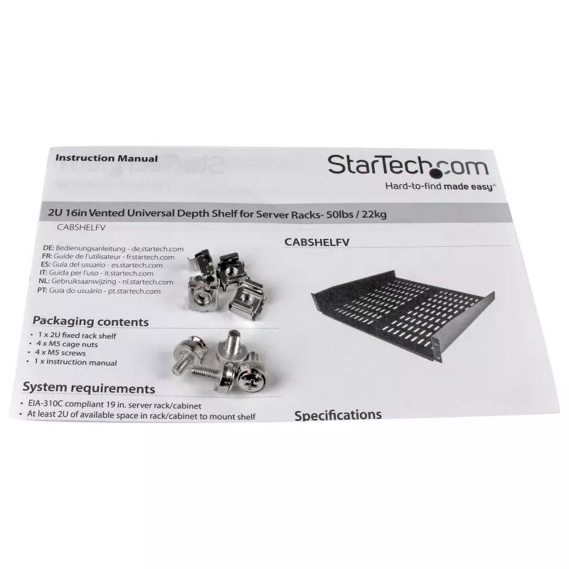 StarTech.com 2U servera plaukta plaukts - universāls ventilējams plaukta montāžas konsoles paliktnis 19 collu tīkla aprīkojuma plauktiem un skapjiem - izturīgs tērauds - kravnesība 50 mārciņas/23 kg - 16 collu dziļš plaukts, melns