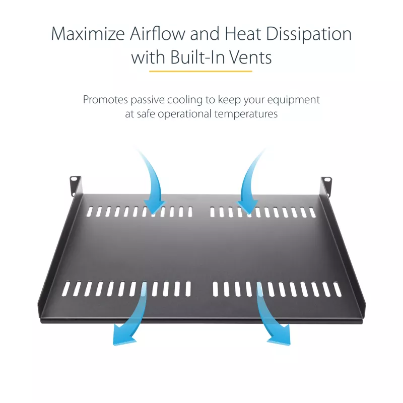StarTech.com 2U servera plaukta plaukts - universāls ventilējams plaukta montāžas konsoles paliktnis 19 collu tīkla aprīkojuma plauktiem un skapjiem - izturīgs tērauds - kravnesība 50 mārciņas/23 kg - 16 collu dziļš plaukts, melns