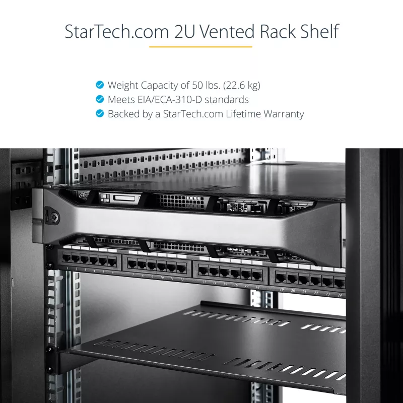 StarTech.com 2U servera plaukta plaukts - universāls ventilējams plaukta montāžas konsoles paliktnis 19 collu tīkla aprīkojuma plauktiem un skapjiem - izturīgs tērauds - kravnesība 50 mārciņas/23 kg - 16 collu dziļš plaukts, melns