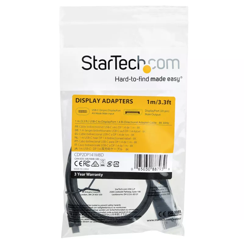 StarTech.com 1 m USB-C uz DisplayPort 1.4 kabelis 8K 60Hz/4K - divvirzienu DP uz USB-C vai USB-C uz DP apgriežams video adaptera kabelis - HBR3/HDR/DSC - USB Type-C/Thunderbolt monitora kabelis