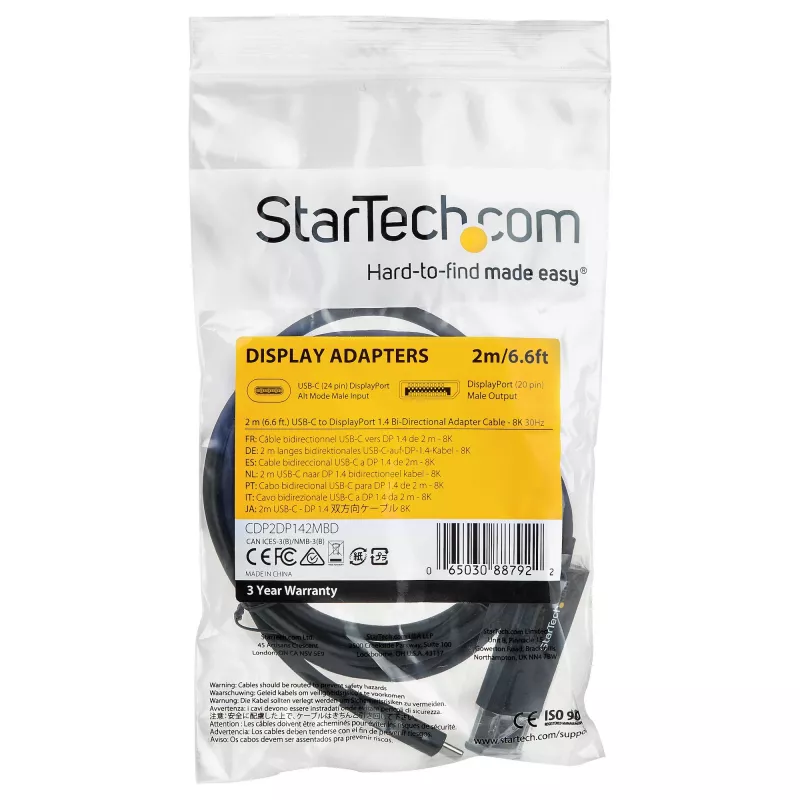 StarTech.com 6 pēdas (2 m) USB C uz DisplayPort 1.4 kabelis 8K 60Hz/4K - divvirzienu DP uz USB-C vai USB-C uz DP atgriezenisks video adaptera kabelis - HBR3/HDR/DSC - USB Type C/TB3 monitora kabelis (CDP2DP142MBD)