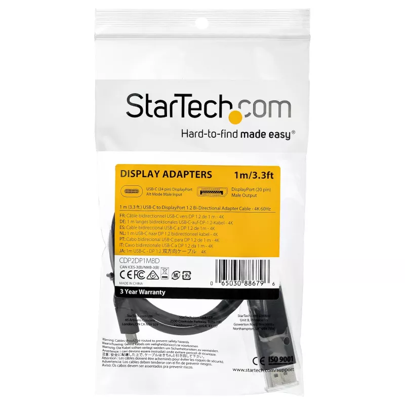 StarTech.com 1 m USB-C uz DisplayPort 1.2 kabelis 4K 60 Hz — divvirzienu DP uz USB-C vai USB-C uz DP atgriezenisks video adaptera kabelis — HBR2/HDR — USB Type-C/Thunderbolt monitora kabelis